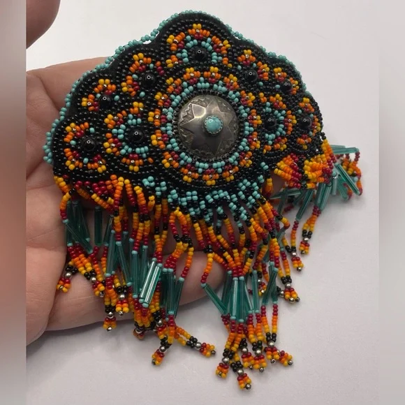 Artisan Fabulous Beaded Hair Barrette with Sterling and Turquoise Center
